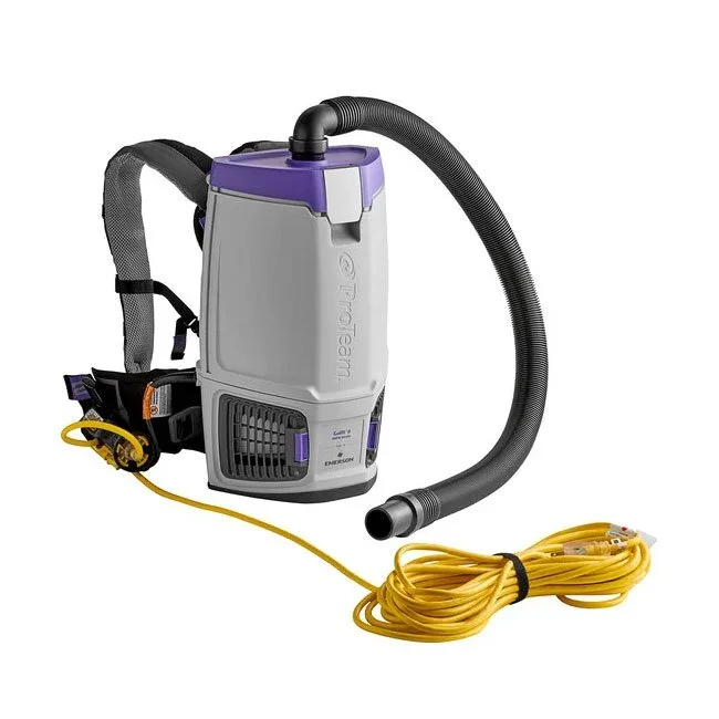 The ProTeam GoFit Vacuum features ProLevel HEPA filtration to trap dust, allergens, and fine particles, helping improve air quality. We use it's ergonomic backpack design to efficiently clean high-traffic areas.