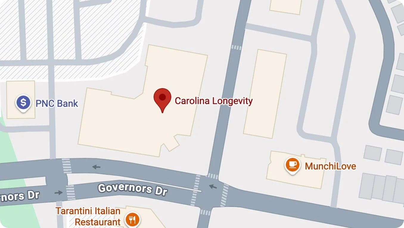 Map showing locations of Carolina Longevity, PNC Bank, MunchiLove, and Tarantini Italian Restaurant on Governors Drive.