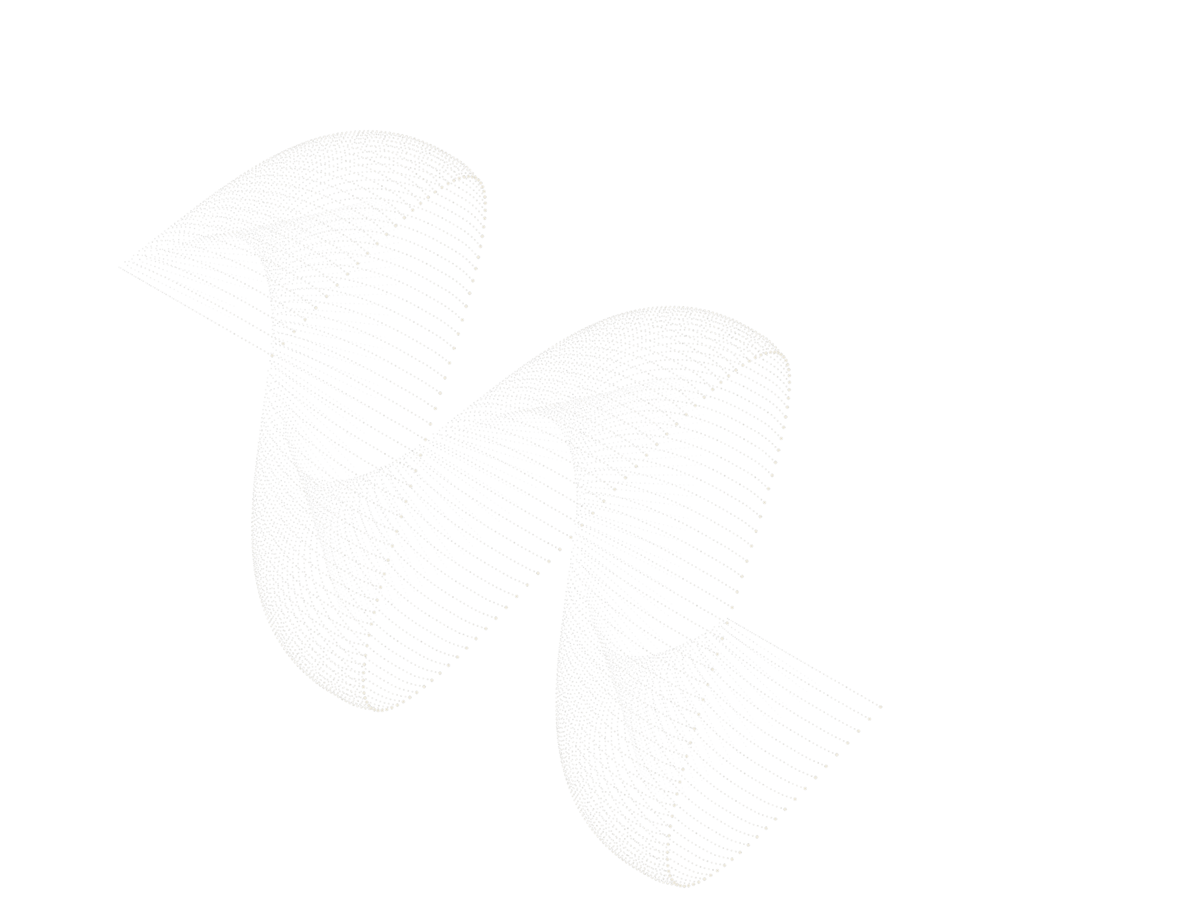 Digital 3D rendering of a symmetrical, abstract geometric shape composed of numerous small white dots on a black background.