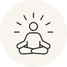 Icon of a person sitting in a lotus position meditating with rays of light around their head.