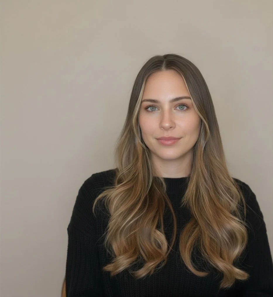 Portrait of a young woman with long wavy light brown hair, wearing a black sweater, standing against a plain beige background.