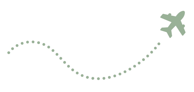 Illustration of a green airplane flying along a dotted path through the sky.