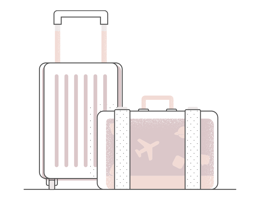 Illustration of two pieces of luggage: a large roller suitcase and a smaller suitcase with an airplane graphic.