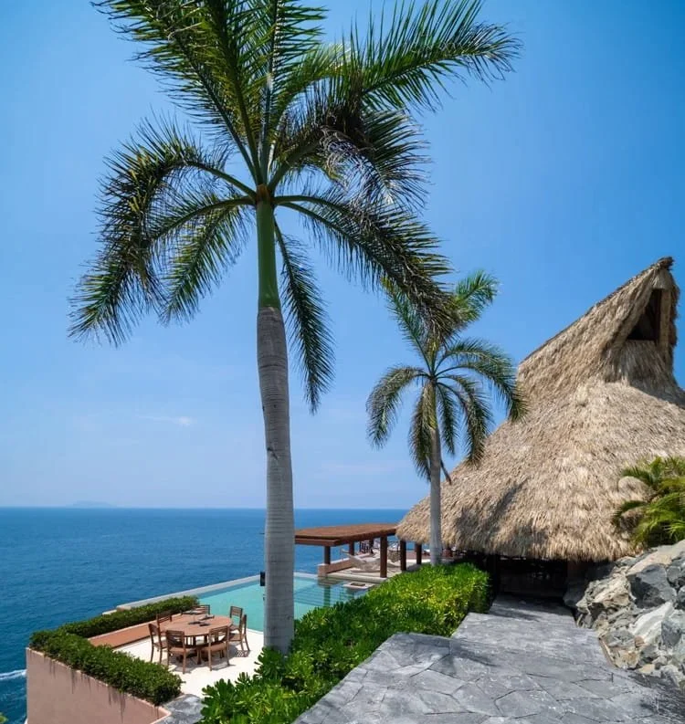 A tropical scene with tall palm trees, a thatched-roof hut, and a pool overlooking the ocean under a clear blue sky.