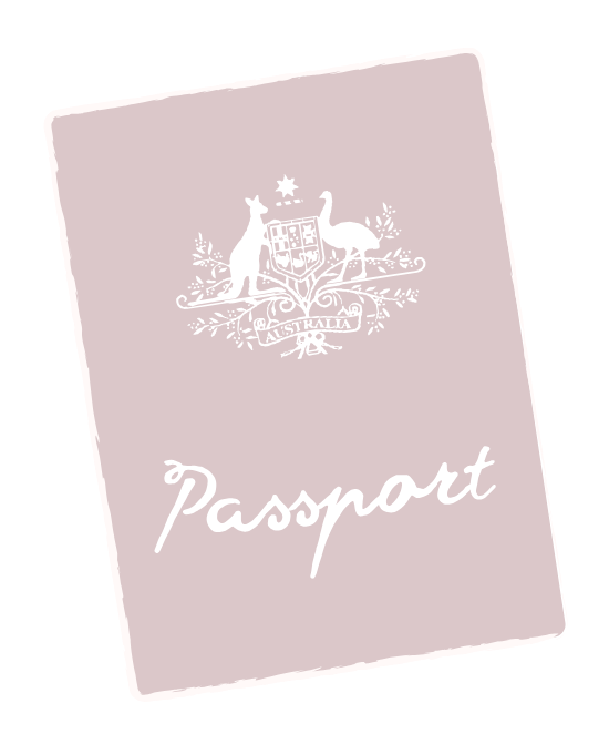 A light pink Australian passport with the Australian coat of arms and the word "Passport" written on the front cover.