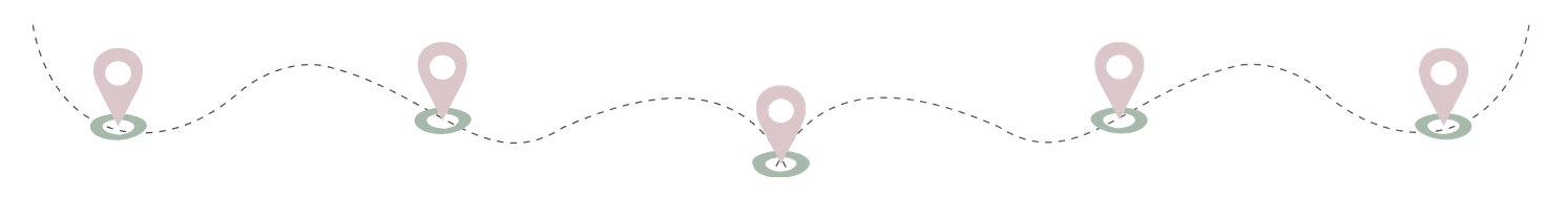 Map with five location markers connected by dotted lines showing a path.