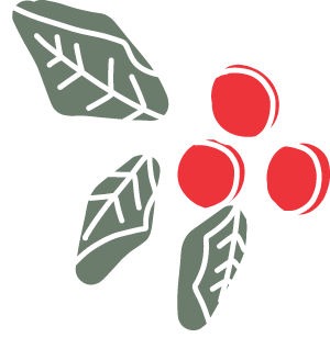 Illustration of holly leaves and red berries.