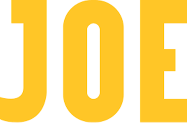 Close-up of large yellow text spelling 'JOE' on a white background.
