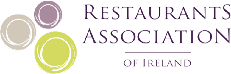 Logo for the Restaurants Association of Ireland featuring three circular brushstroke designs in beige, purple, and green, with the organization's name in purple text.