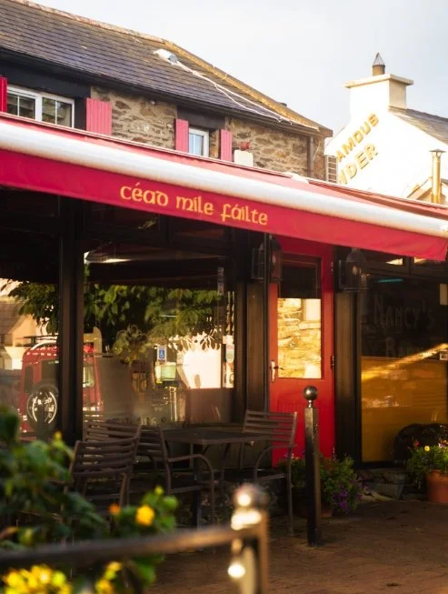 Exterior view of Nancys Barn with a red awning and outdoor seating, surrounded by green plants and flowers, a stone building with red shutters in the background.