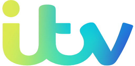 ITV logo with colorful gradient letters.