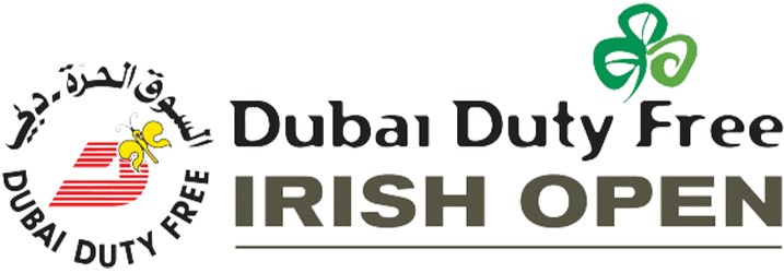 Dubai Duty Free Irish Open logo with a green shamrock and a stylized red and yellow emblem.