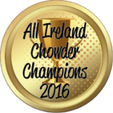 Gold medal with inscription 'All Ireland Chowder Champions 2016' and dotted background.