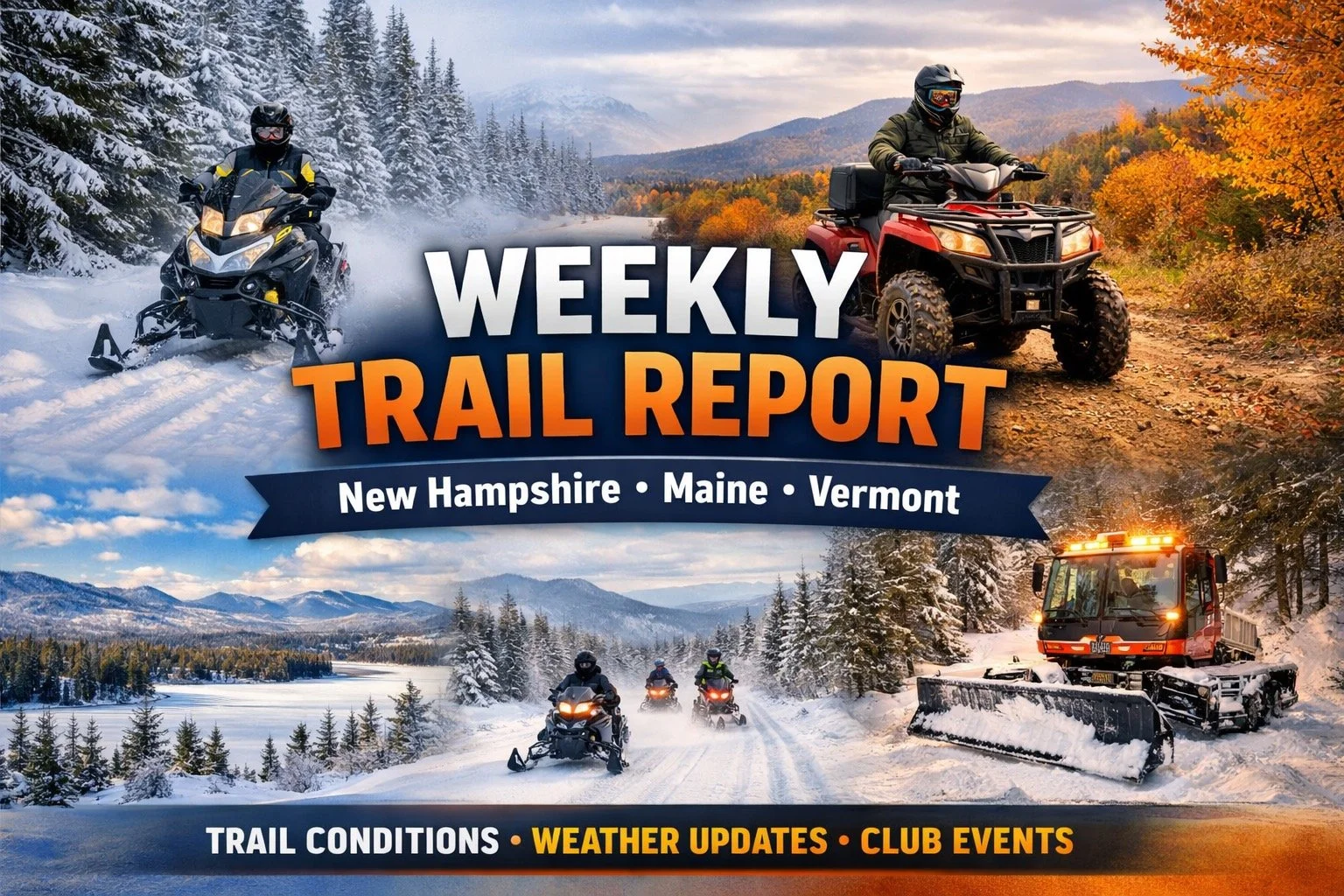 A collage of outdoor trail activities in snowy winter scenery including snowmobiling, ATV riding, and snow plowing, with text overlay promoting weekly trail report for New Hampshire, Maine, and Vermont, covering trail conditions, weather updates, and club events.