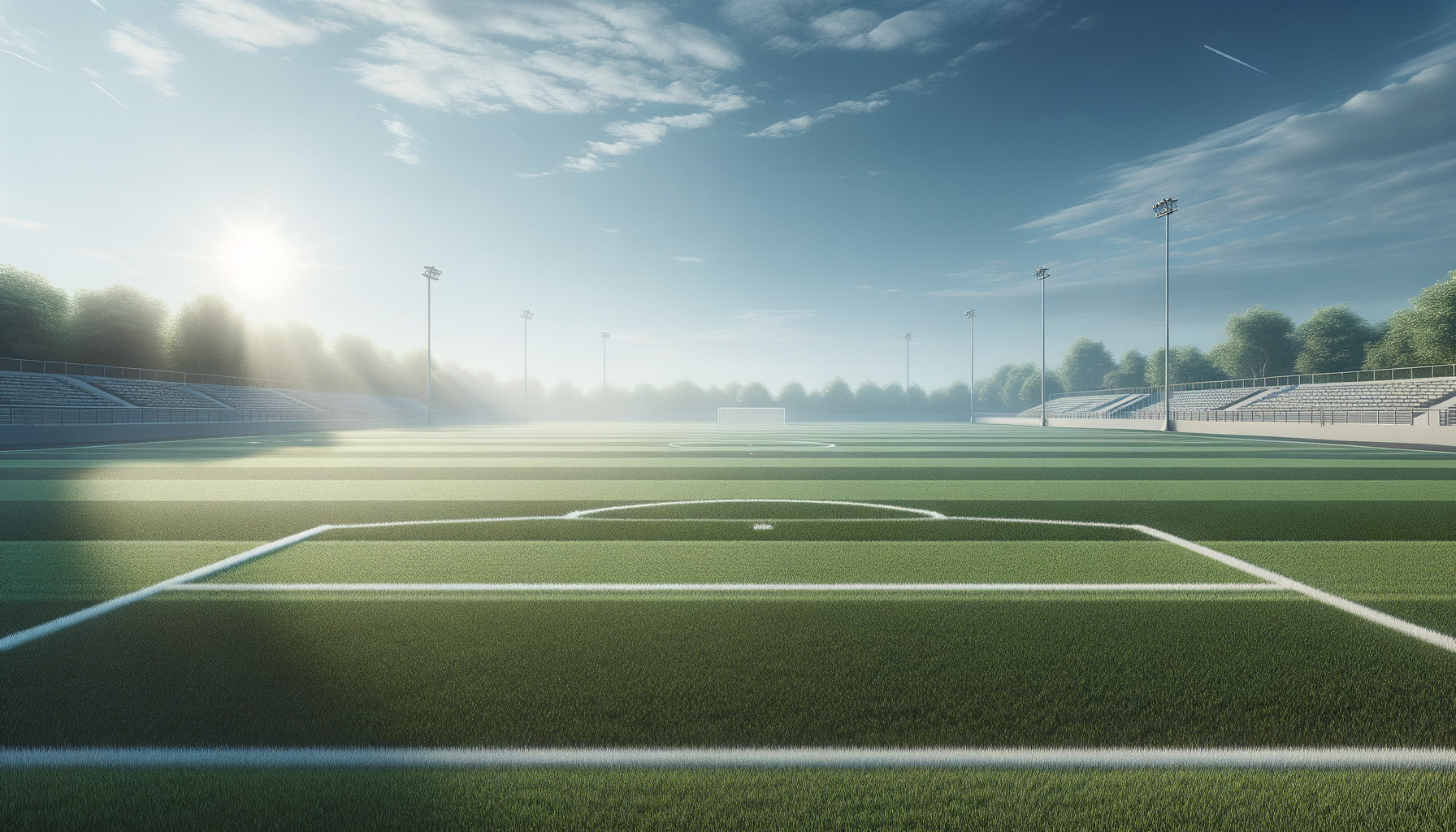 Empty soccer field with goalposts, stadium lights, and a bright sun in the sky