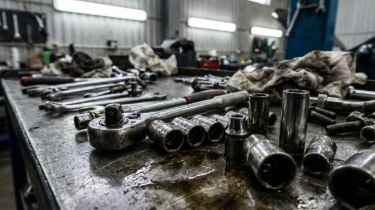 Metal tools and parts on a workbench in a workshop