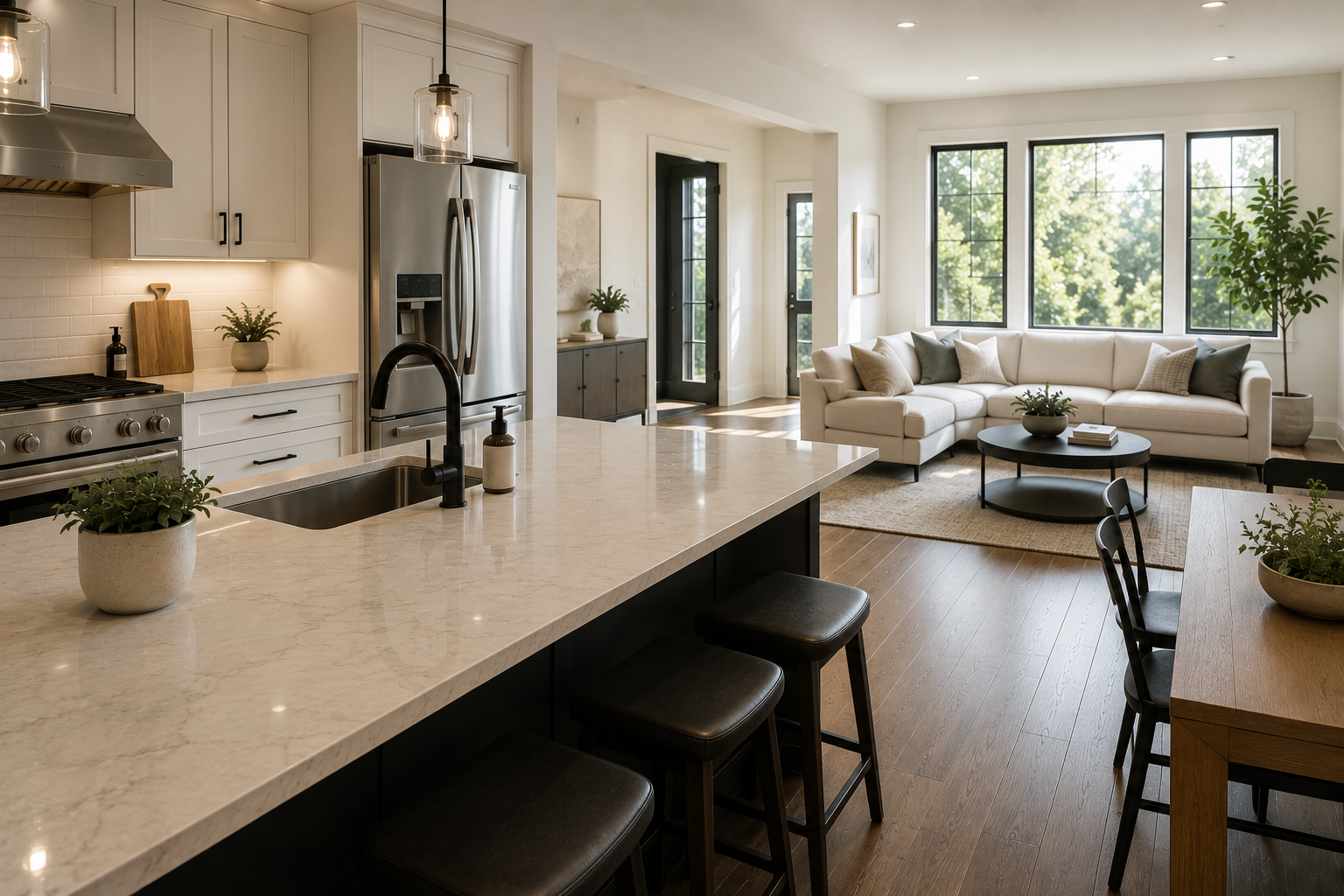 Open-concept kitchen and living room with white cabinetry, stainless steel refrigerator, black sink, beige marble countertops, black bar stools, and beige sofa with throw pillows, large windows, and hardwood flooring.