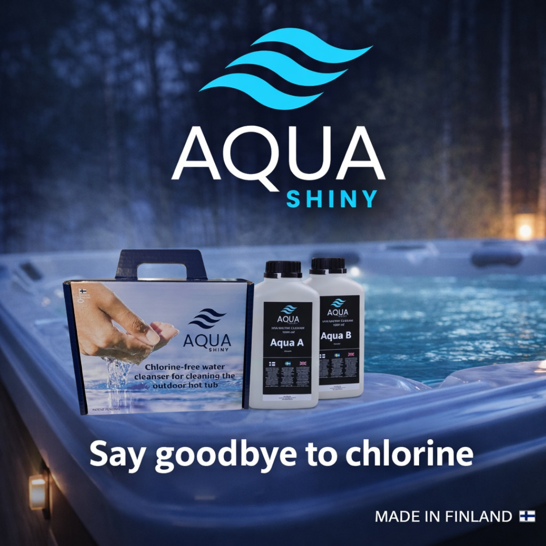 Aqua Shiny chlorine-free water cleaner for outdoor hot tubs, featuring two bottles labeled Aqua A and Aqua B, placed on the edge of a hot tub with a forest background.