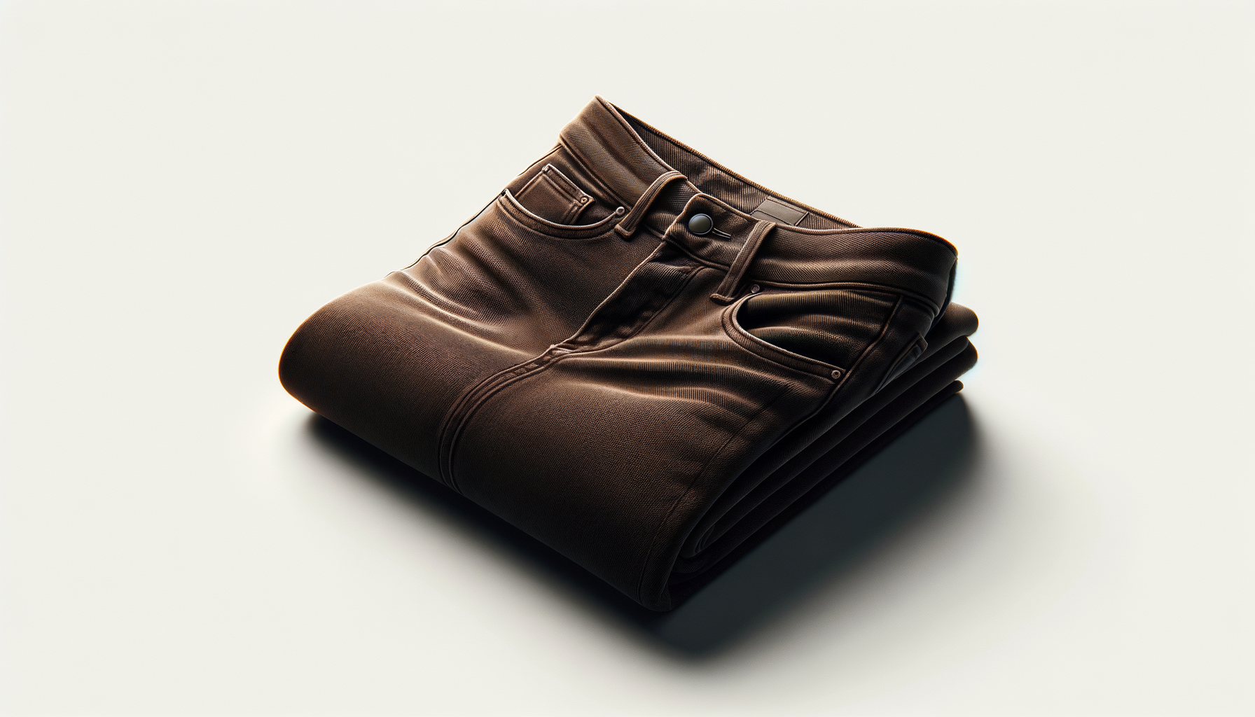 A pair of folded brown leather jeans on a white surface.