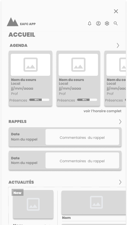 Capture d'écran de l'application EAFC, affichant un menu avec sections Accueil, Agenda, Rappels et Actualités, et des éléments de contenu tels que des cours, rappels et nouvelles.