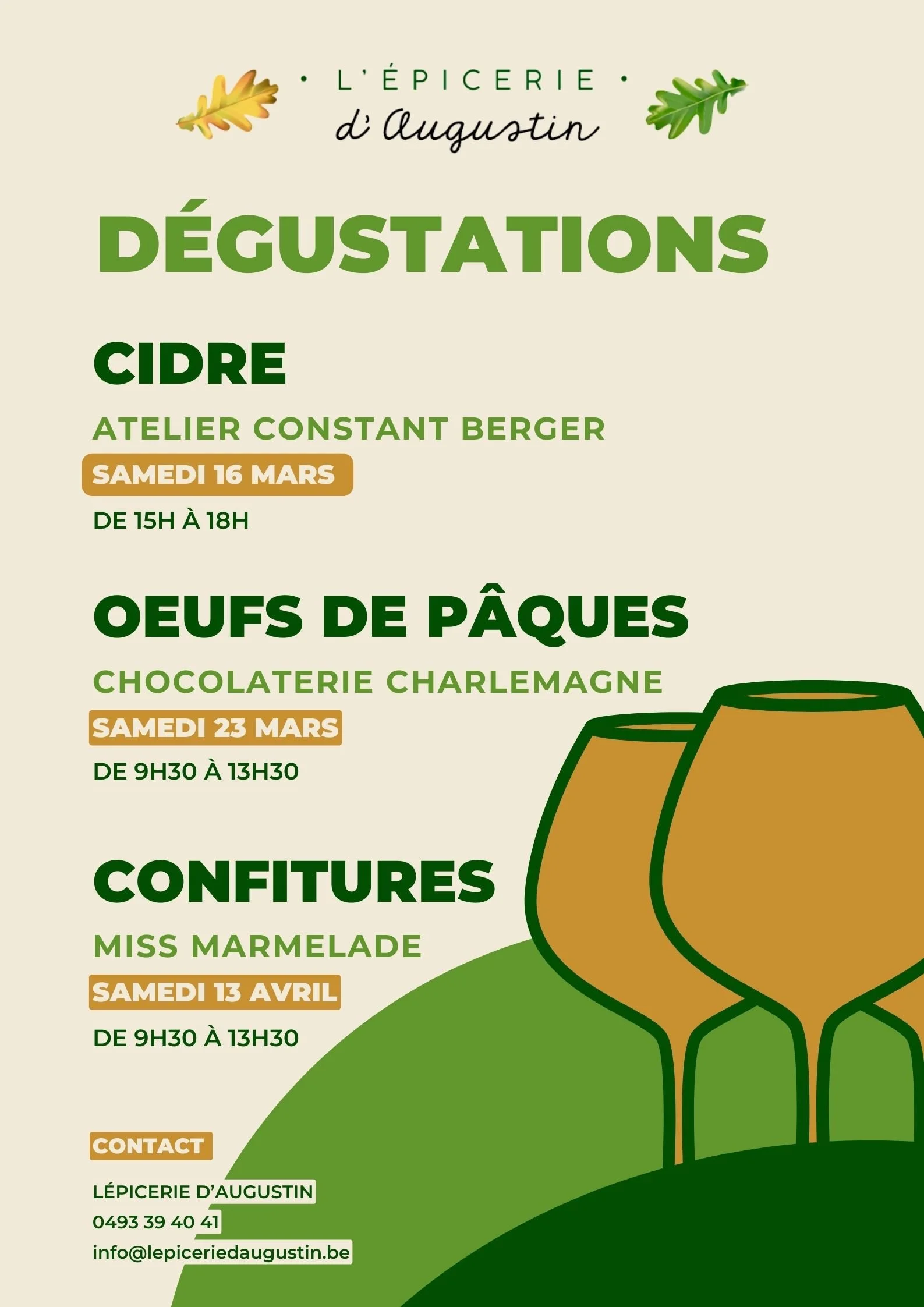 Affiche présentant des ateliers de dégustation organisés par la épicerie d'Augustin. Les ateliers incluent dégustation de cidre le 16 mars, d'œufs de Pâques le 23 mars, et de confitures le 13 avril, avec leurs horaires respectifs.