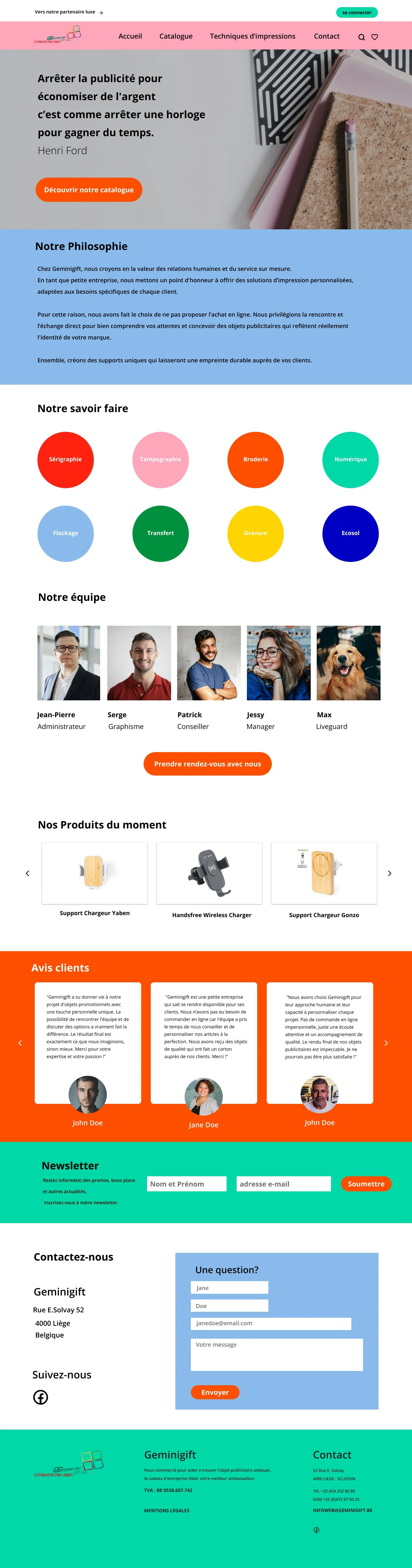 Capture d'écran du site web GeminiGift, une boutique en ligne spécialisée dans la personnalisation d'objets, avec sections pour leur philosophie, équipe, produits, avis clients, newsletter, et contact.