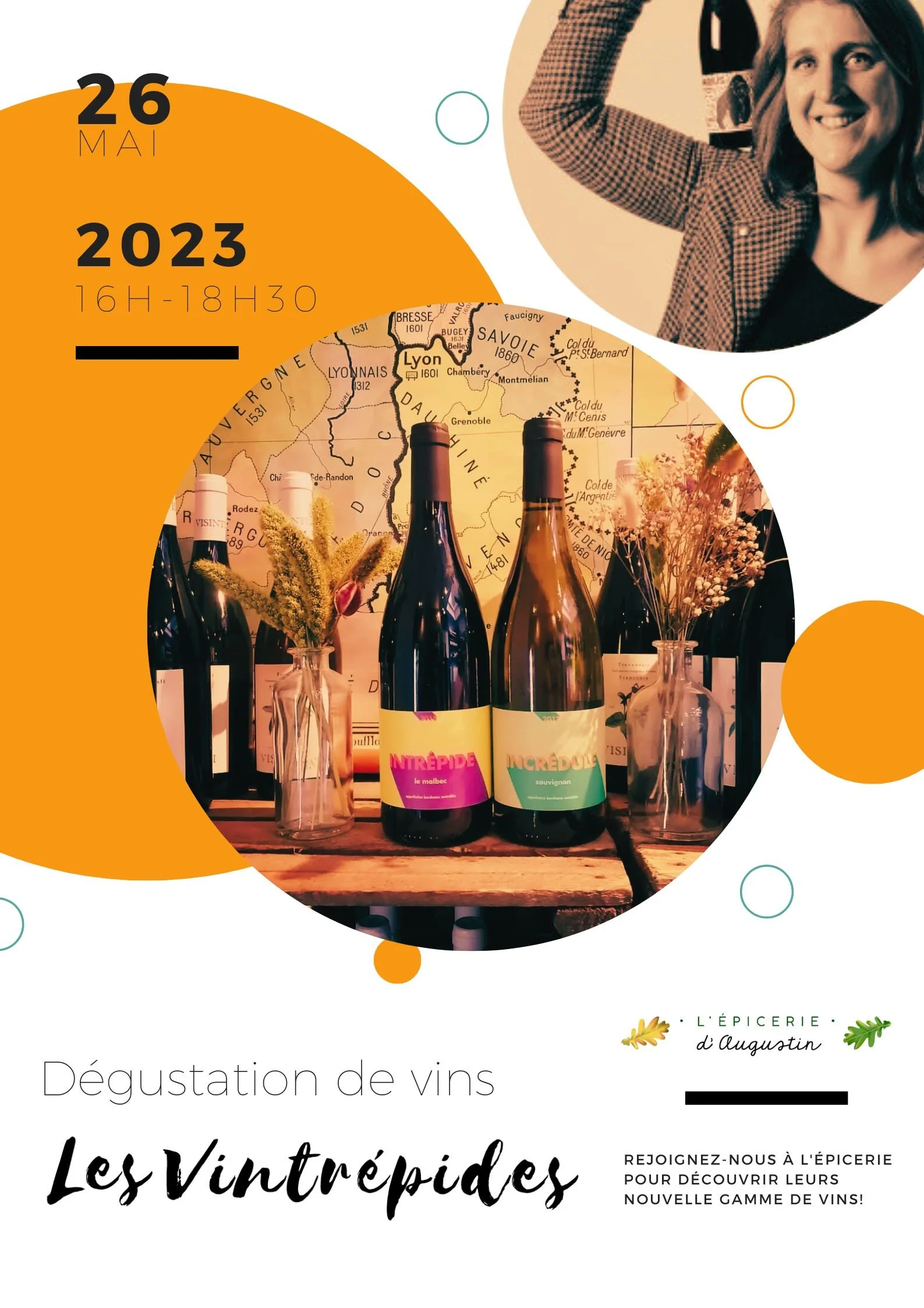 Invitation à une dégustation de vins le 26 mai 2023 de 16h à 18h30, organisée par l'épicerie d'Augustin, avec une affiche illustrée de bouteilles de vin, de vases avec des fleurs, et une carte de la région viticole de Lyon.