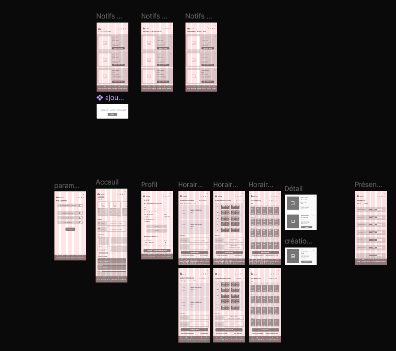 Capture d'écran d'une interface d'application ou de site web avec différentes sections telles que notifications, paramètres, profil, emploi du temps et détails, le tout en français.
