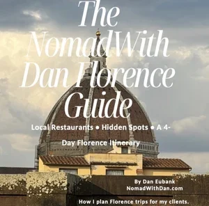 Cover image for 'The Nomad With Dan Florence Guide' featuring a dome-shaped building against a cloudy sky with the title text overlay and smaller text about restaurants, hidden spots, and Florence itinerary.