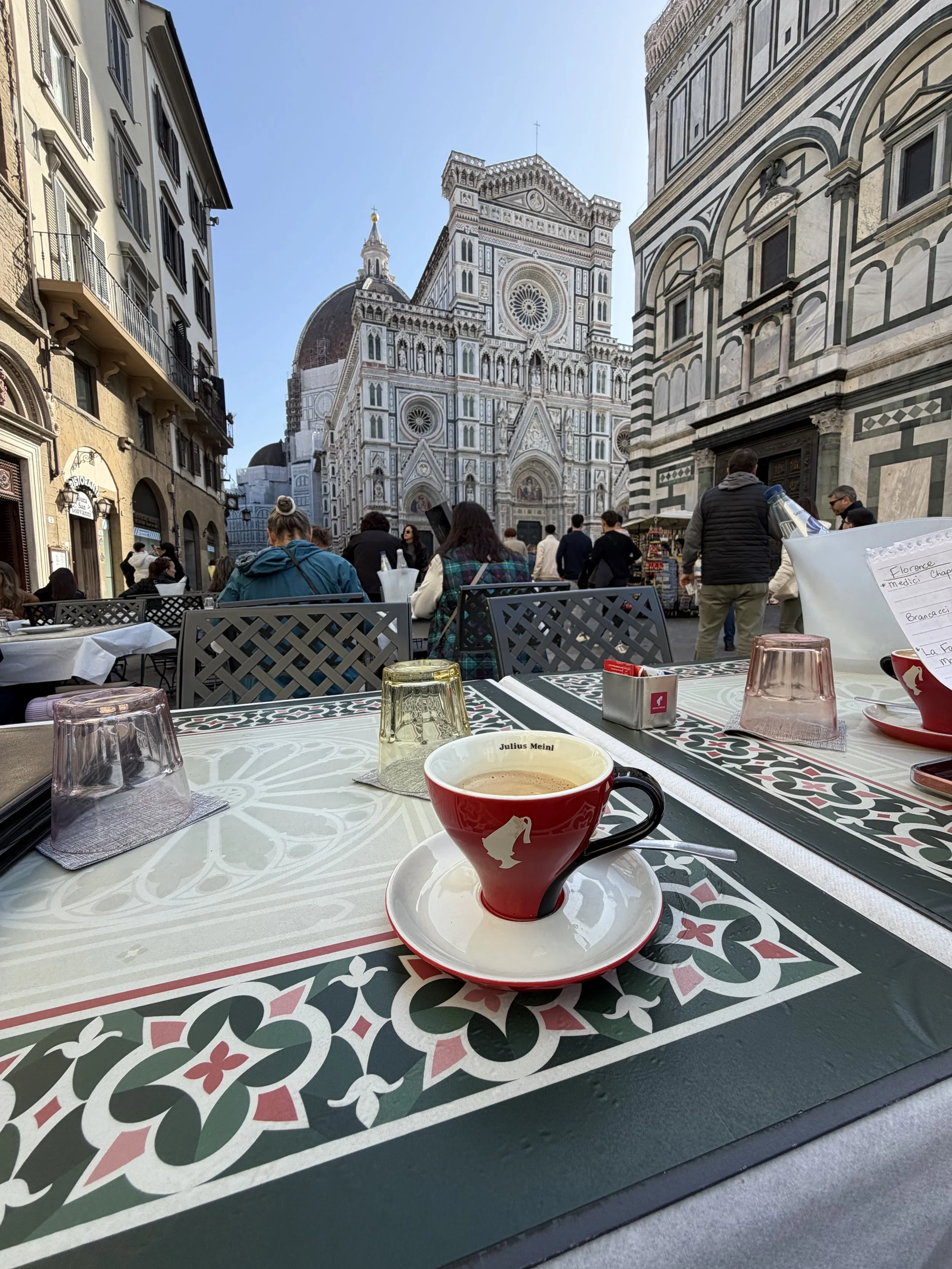 A table at an outdoor café in Florence, Italy, with a cup of coffee, surrounded by other tables and chairs, with the Florence Cathedral (Duomo) in the background.