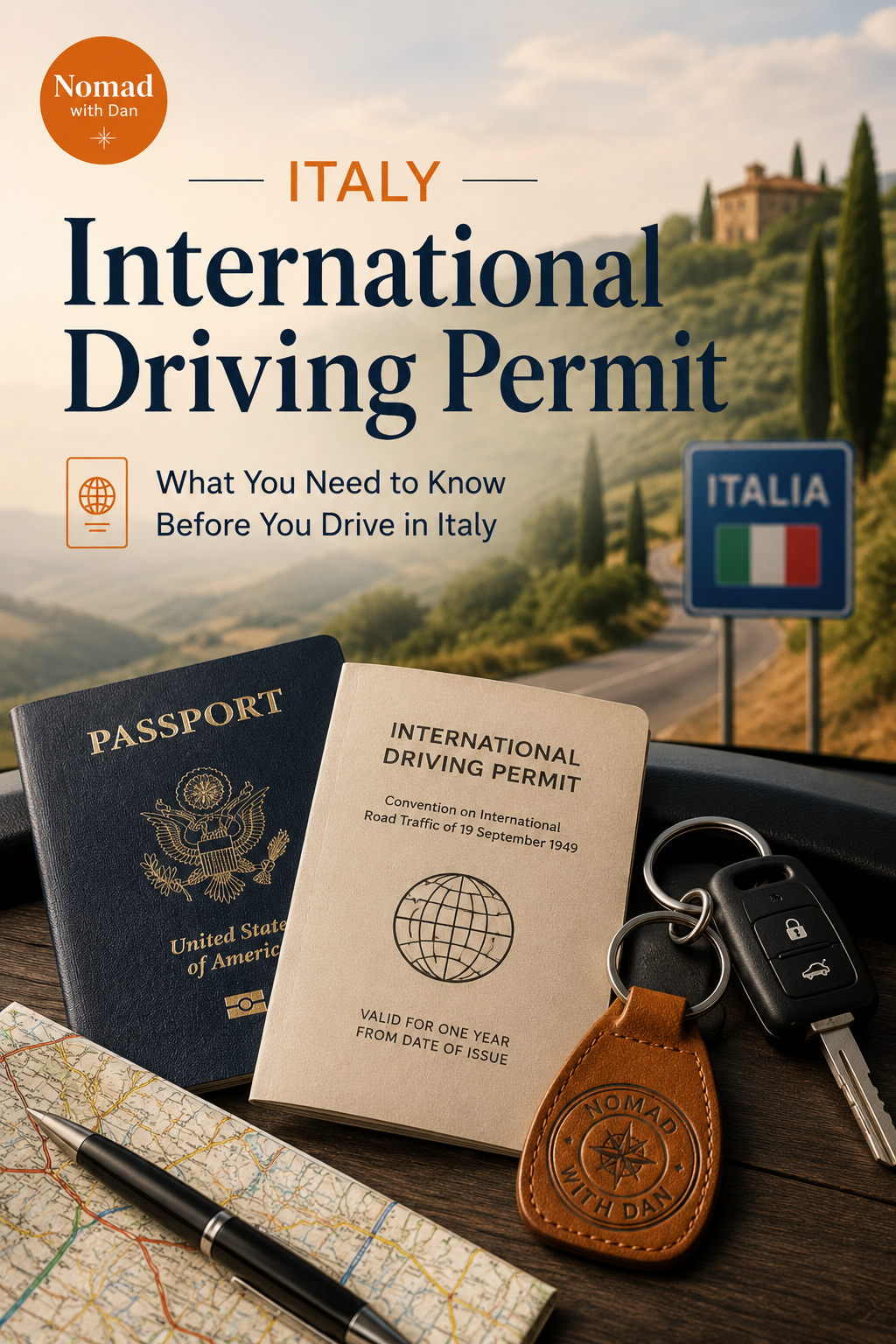 Cover of an informational guide titled 'Italy International Driving Permit' with a U.S. passport, international driving permit, keys, a map, and a pen on a wooden surface, with an Italian road sign in the background.