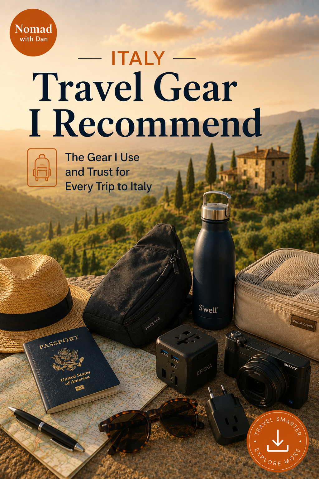 A collection of travel gear including a straw hat, passport, sunglasses, pen, black backpack, water bottle, small storage case, camera, power adapter, and portable charger set on a map with a scenic Italian hillside in the background.