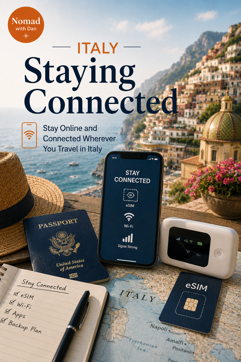 Travel essentials for staying connected in Italy, including a passport, a hat, a smartphone displaying Wi-Fi connection, a portable Wi-Fi router, an eSIM card, a notebook with a checklist, and a map of Italy with coastal cities visible.