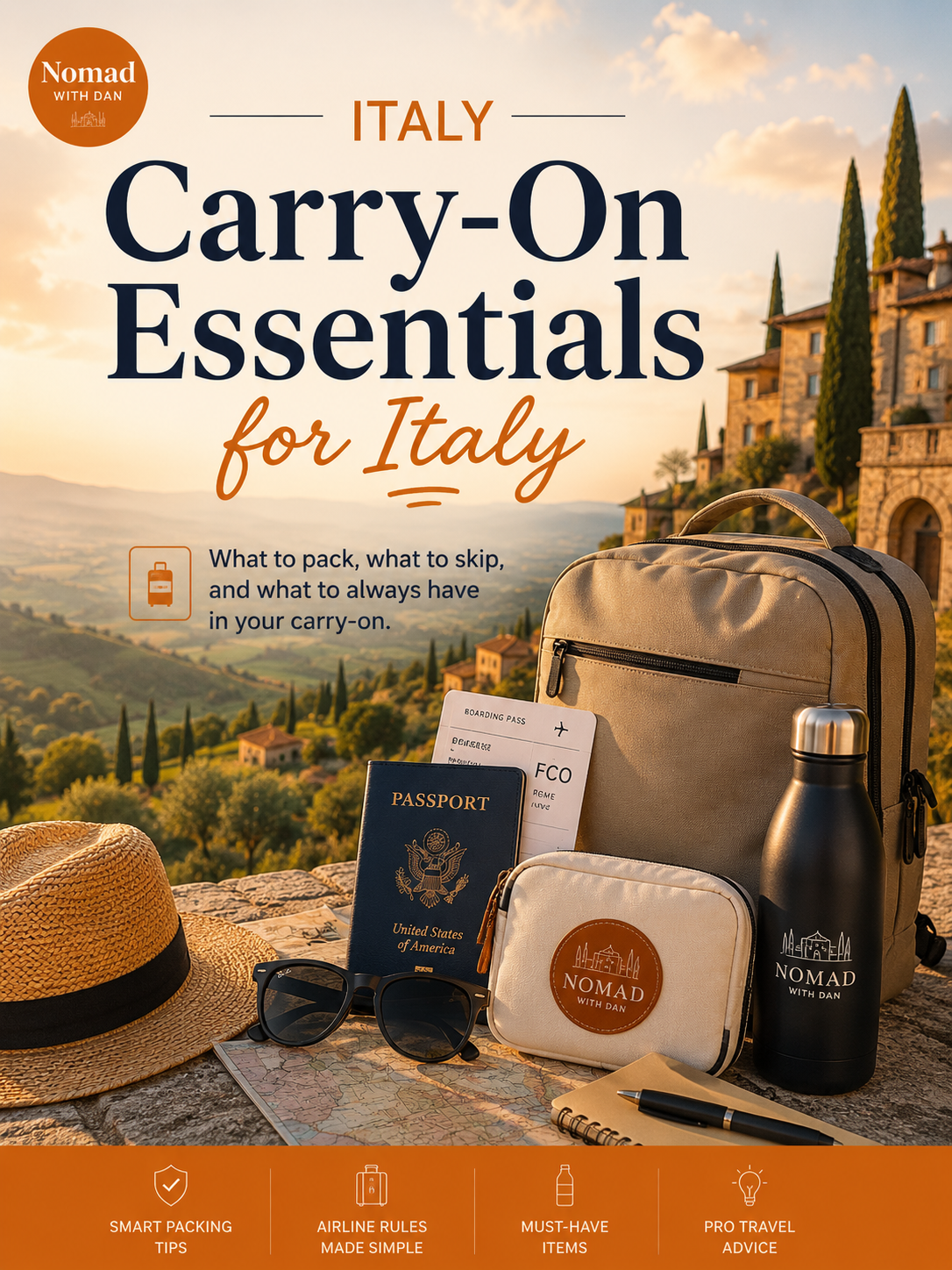 Travel essentials for Italy including a passport, boarding pass, water bottle, sunglasses, notebook, pen, and carry-on bag against a backdrop of Italian countryside and buildings at sunset.