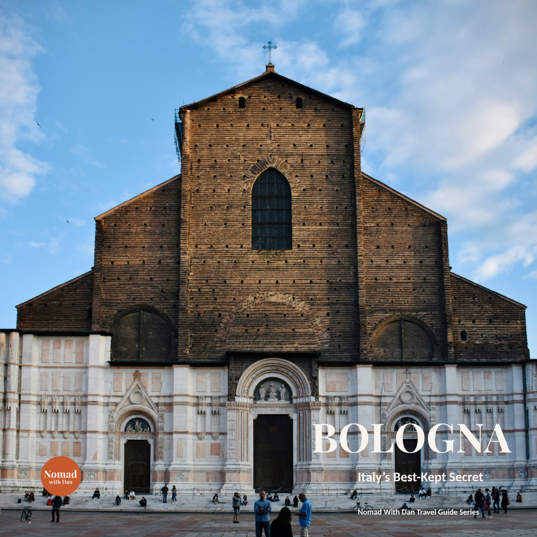 Bologna Italy travel guide cover featuring the Basilica of San Petronio