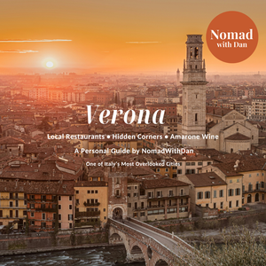 Cover of a travel guidebook titled "Verona" with a sunset view of Verona, Italy. Features historic buildings, a tall tower, and the Arco dei Gavi. Text mentions local restaurants, hidden corners, Amarone wine, and a personal guide to the city.