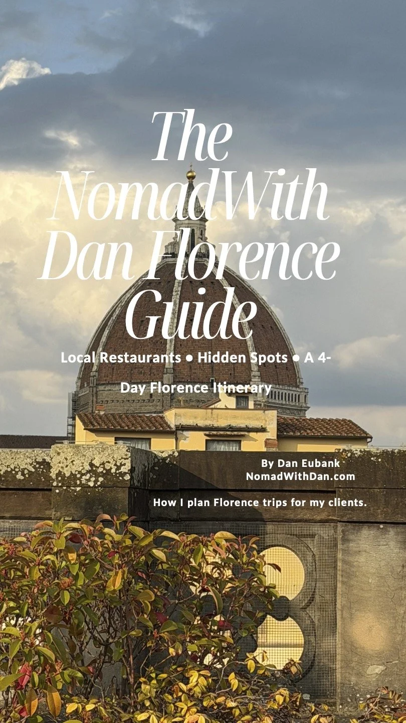 Cover of 'The Nomad With Dan Florence Guide,' featuring the Florence Cathedral dome in Italy, with a tree and buildings in the foreground, and cloudy sky background.
