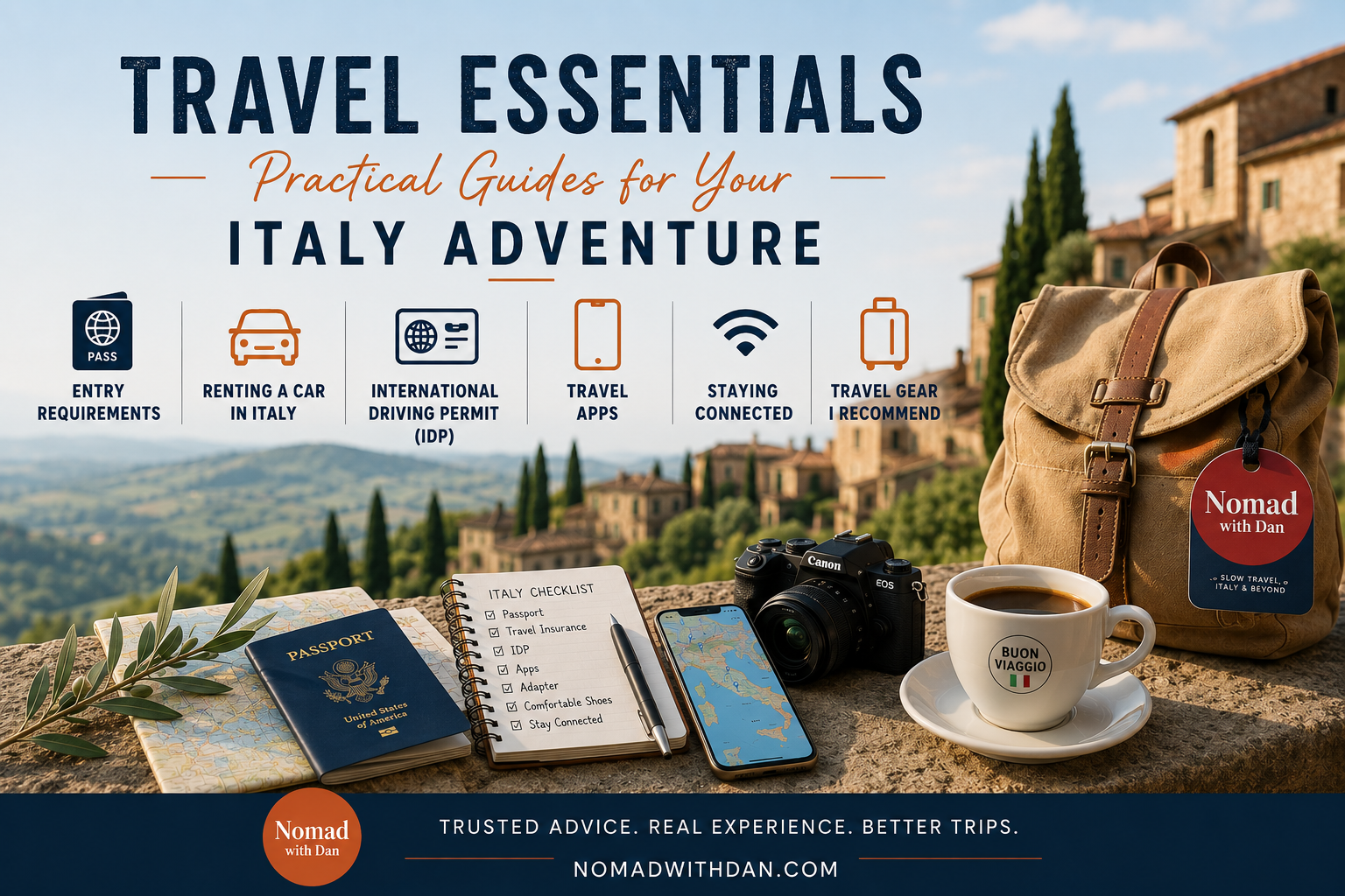 Travel essentials guide for Italy adventure, including a passport, a checklist, smartphone, camera, coffee cup, backpack, and scenic Italian landscape in the background.