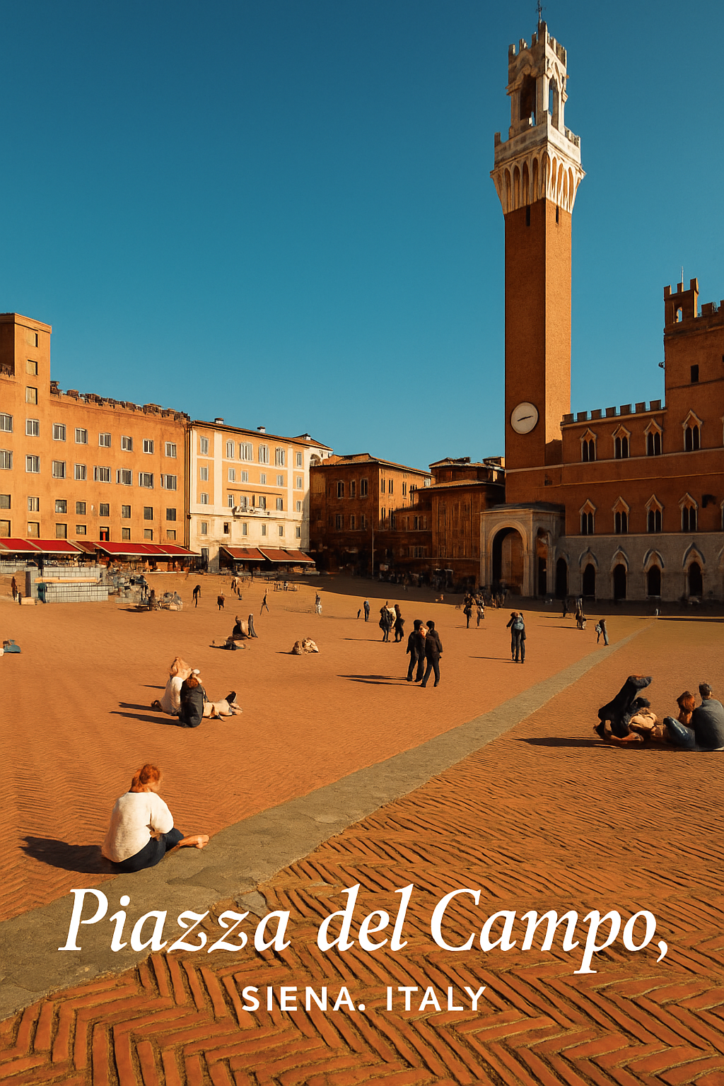 People sitting and walking in Piazza del Campo, Siena, Italy, with historic buildings and a tall clock tower under a clear blue sky.