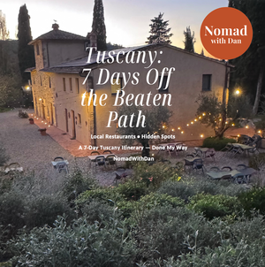 View of a Tuscan building at dusk with promotional text for a 7-day Tuscany tour, mentioning hidden spots and local restaurants, with a Nomad with Dan logo in the top right corner.