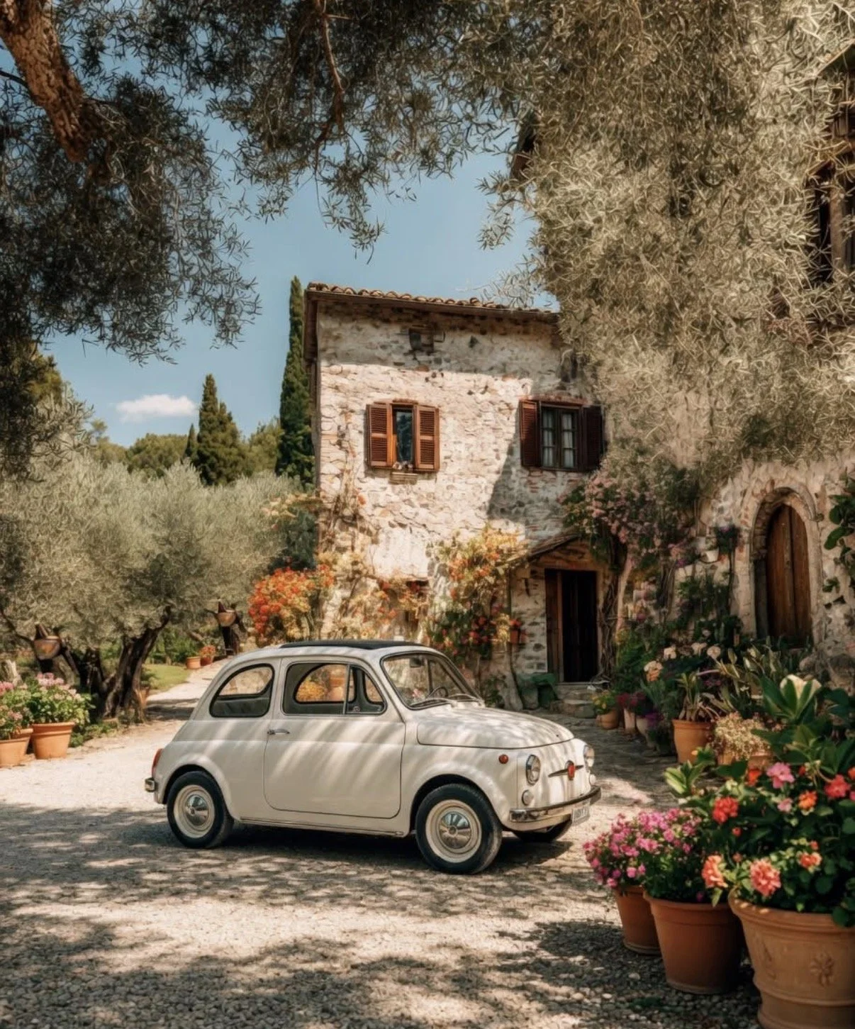A vintage silver car parked on a cobblestone driveway, surrounded by potted plants and garden flowers, in front of an old stone house with wooden shutters and a red-tiled roof, shaded by trees on a sunny day.
