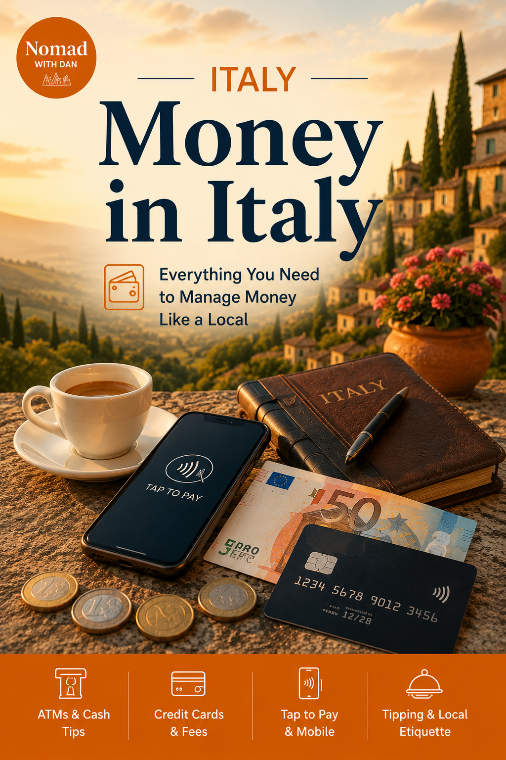 A travel guidebook titled 'Money in Italy', a smartphone with a tap to pay screen, a credit card, Euro currency notes and coins, a notebook labeled 'Italy', a pen, a cup of coffee, and a potted plant with pink flowers are arranged on a stone surface with a scenic view of Italy's countryside and houses in the background during sunset.