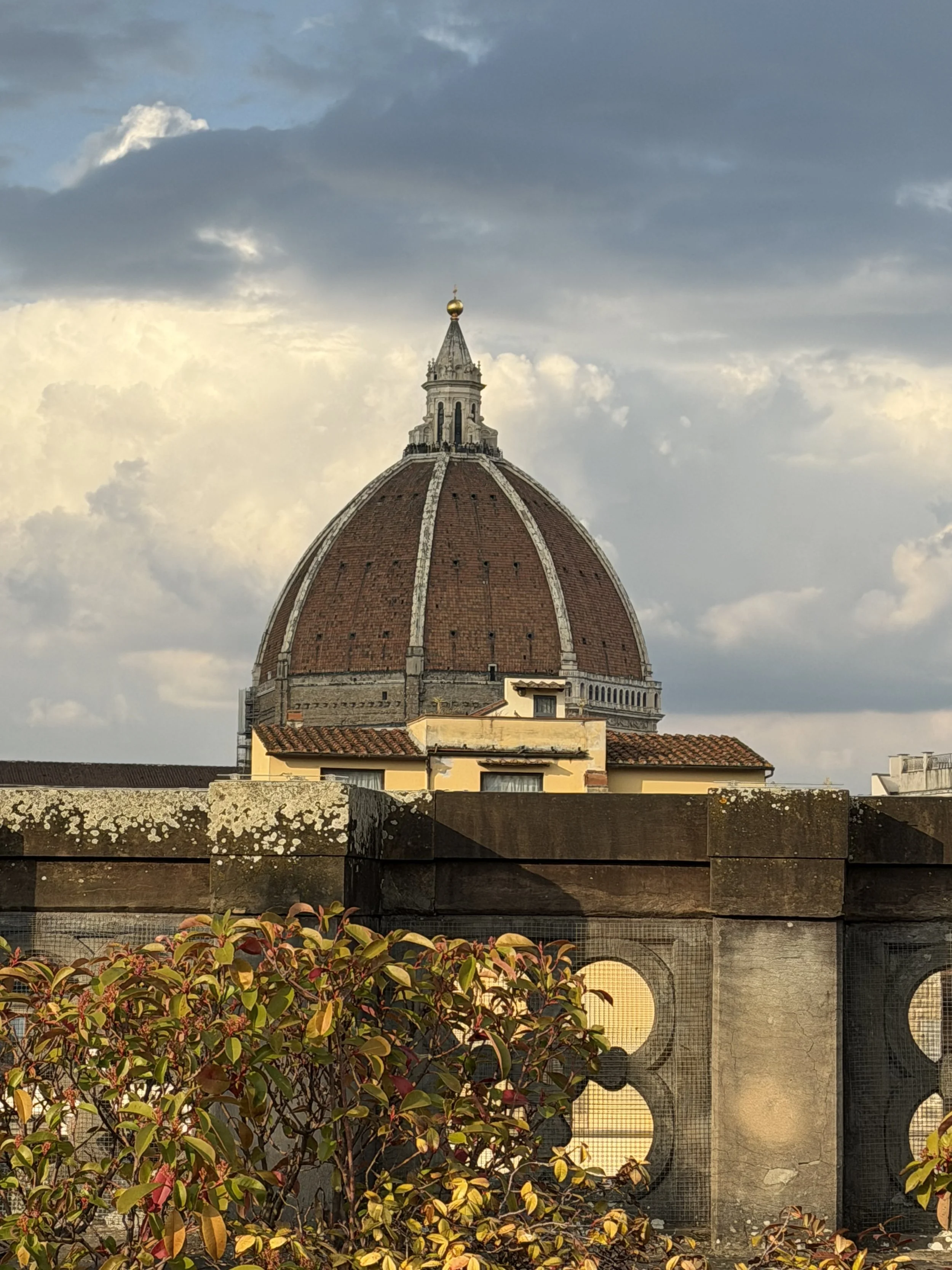 View of the Florence Cathedral's iconic dome with a partly cloudy sky in the background, seen from behind a stone balustrade and some plants.