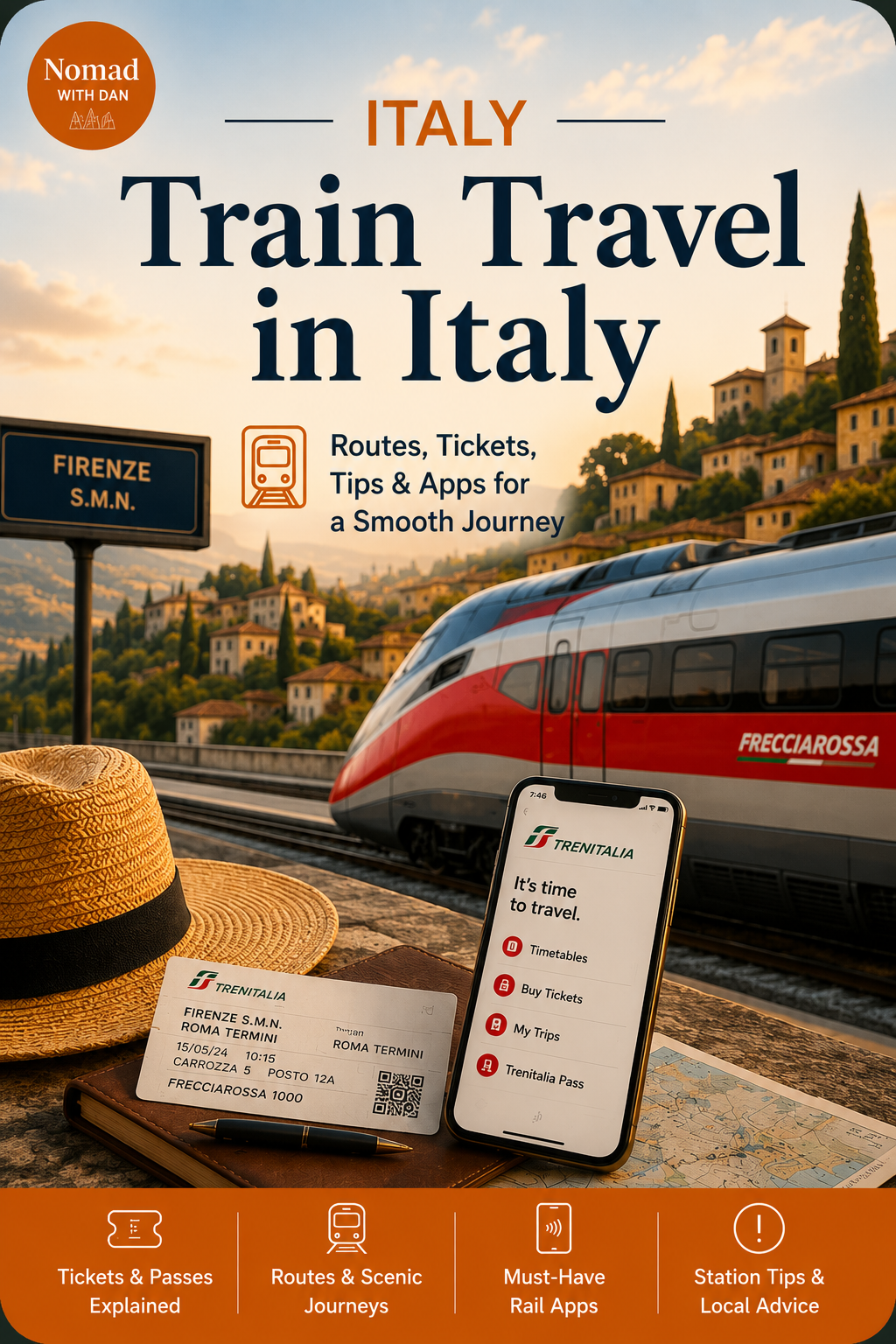 Travel guide for train travel in Italy, featuring a train, a smartphone with TrainItalia app, train ticket, straw hat, train station signs, scenic Italian hillside with houses, with a sunset sky.