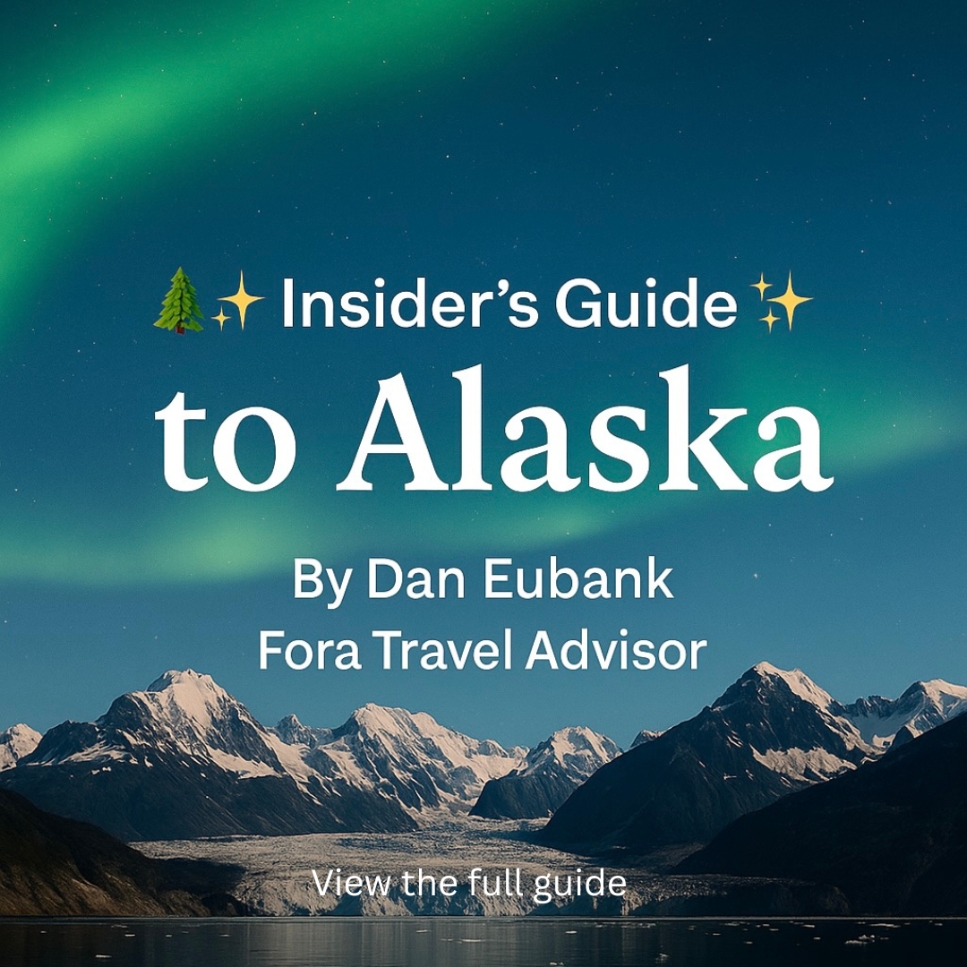 Title page for a travel guide titled 'Insider's Guide to Alaska' by Dan Eubank, featuring a mountain landscape with snow-capped peaks and a green aurora in the sky.