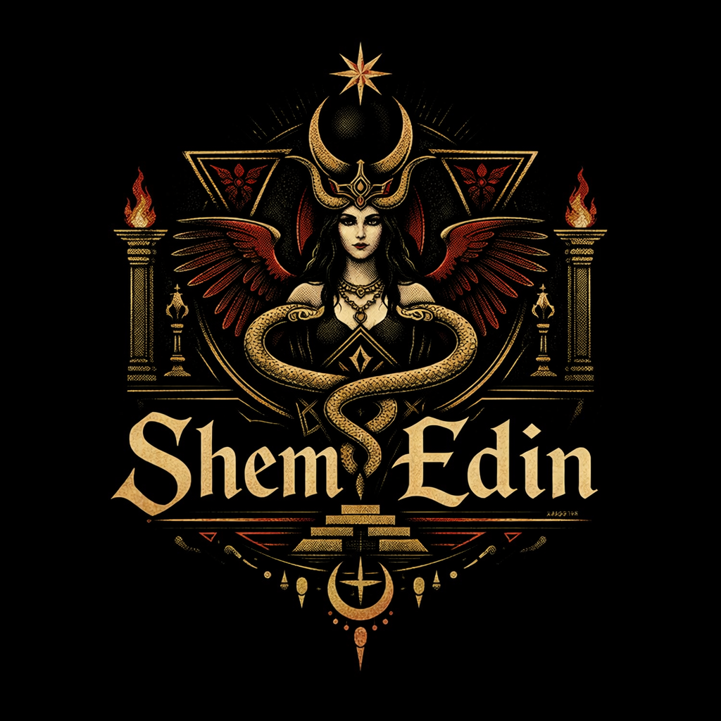 A dark fantasy-themed illustration featuring a woman with dark hair, wearing a crown with a crescent moon and star, surrounded by red wings, serpents, and mystical symbols. The text 'Shem Edin' is displayed below.