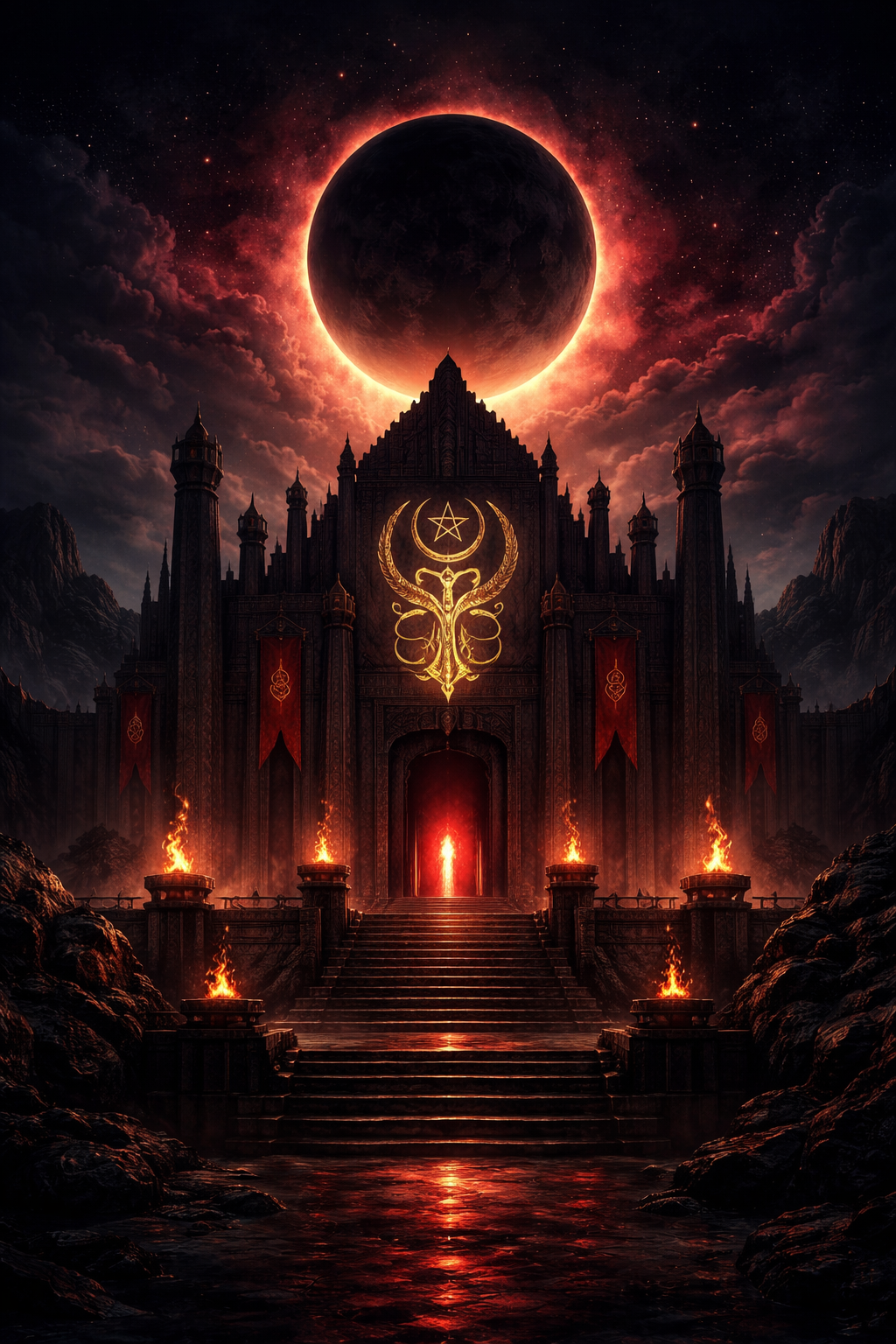 A dark, gothic castle with flaming torches and a large glowing symbol on its facade, set against a dramatic sky with a solar eclipse and a fiery, glowing moon in the background.