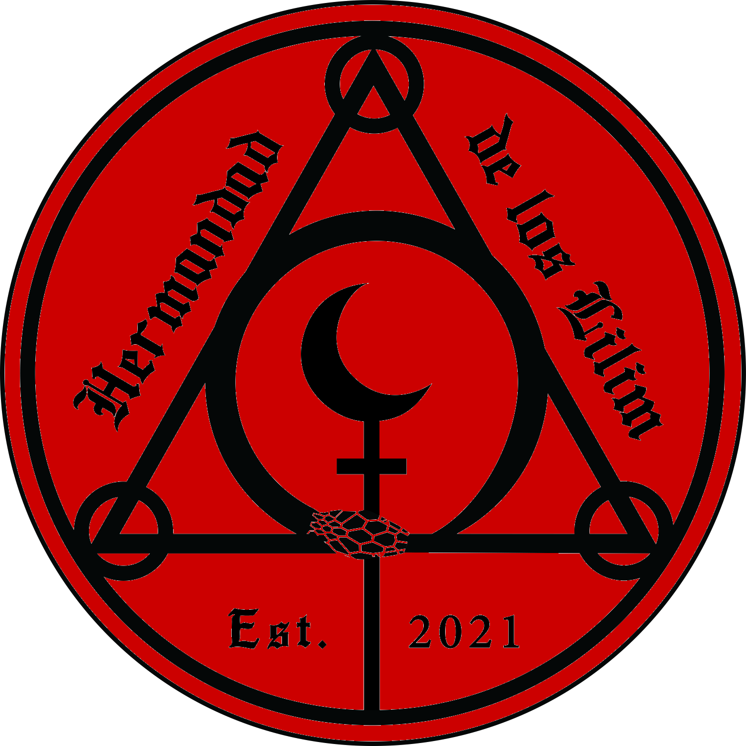 A circular emblem with a red background and black design elements. It features a black triangle with a downward-pointing black crescent moon, a black cross with a honeycomb pattern at its base, and the words 'Healing Through the Love of the Full Moon' written in black, gothic-style font. The emblem also includes the text 'Est. 2021' at the bottom.