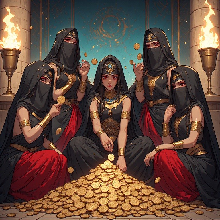 Six women dressed in black and red robes, wearing gold jewelry and veils, are sitting around a large pile of gold coins in a grand hall with tall torches, indicating wealth and opulence.