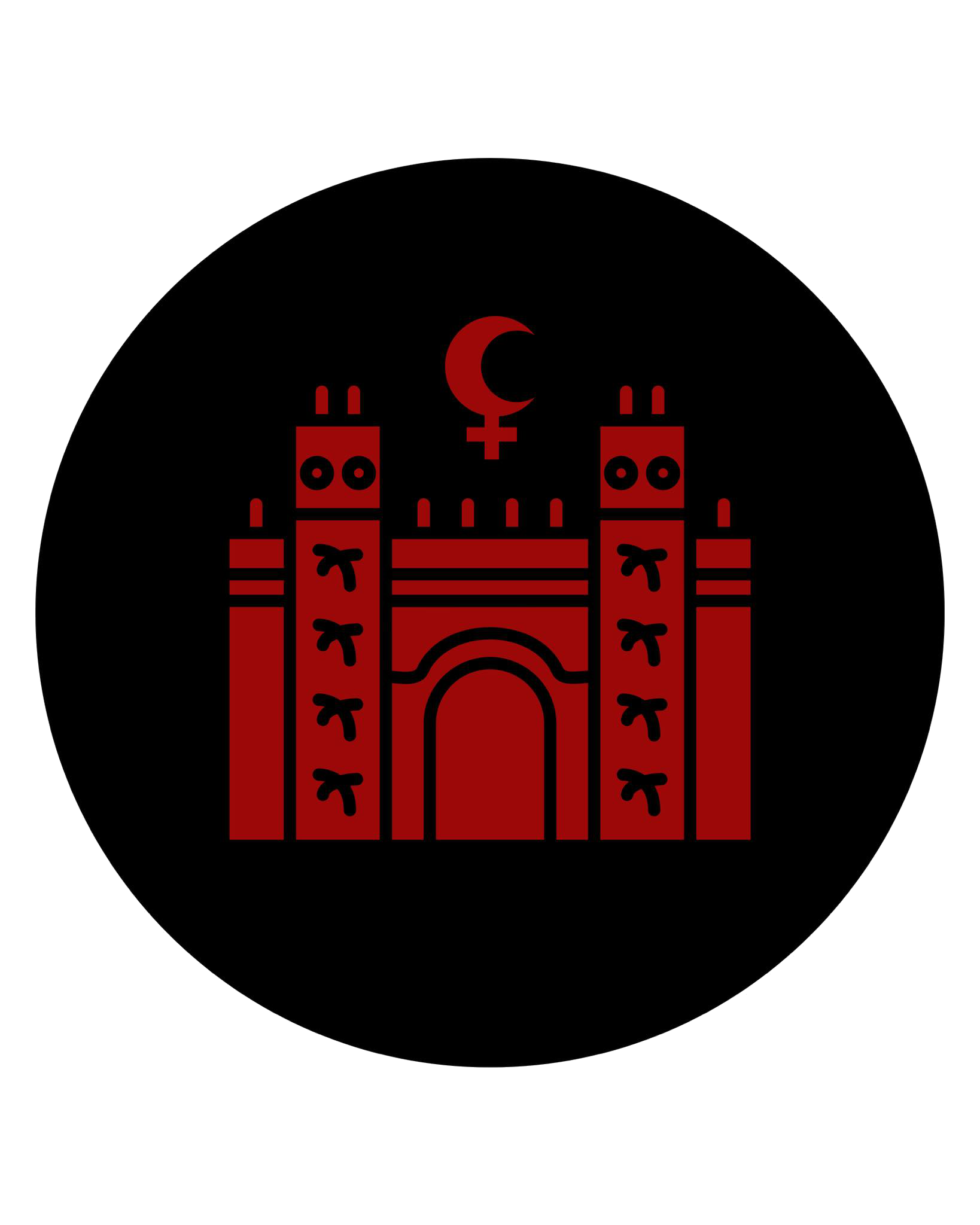 A stylized illustration of a red castle with two towers, a crescent moon, and a female gender symbol on a black circular background.
